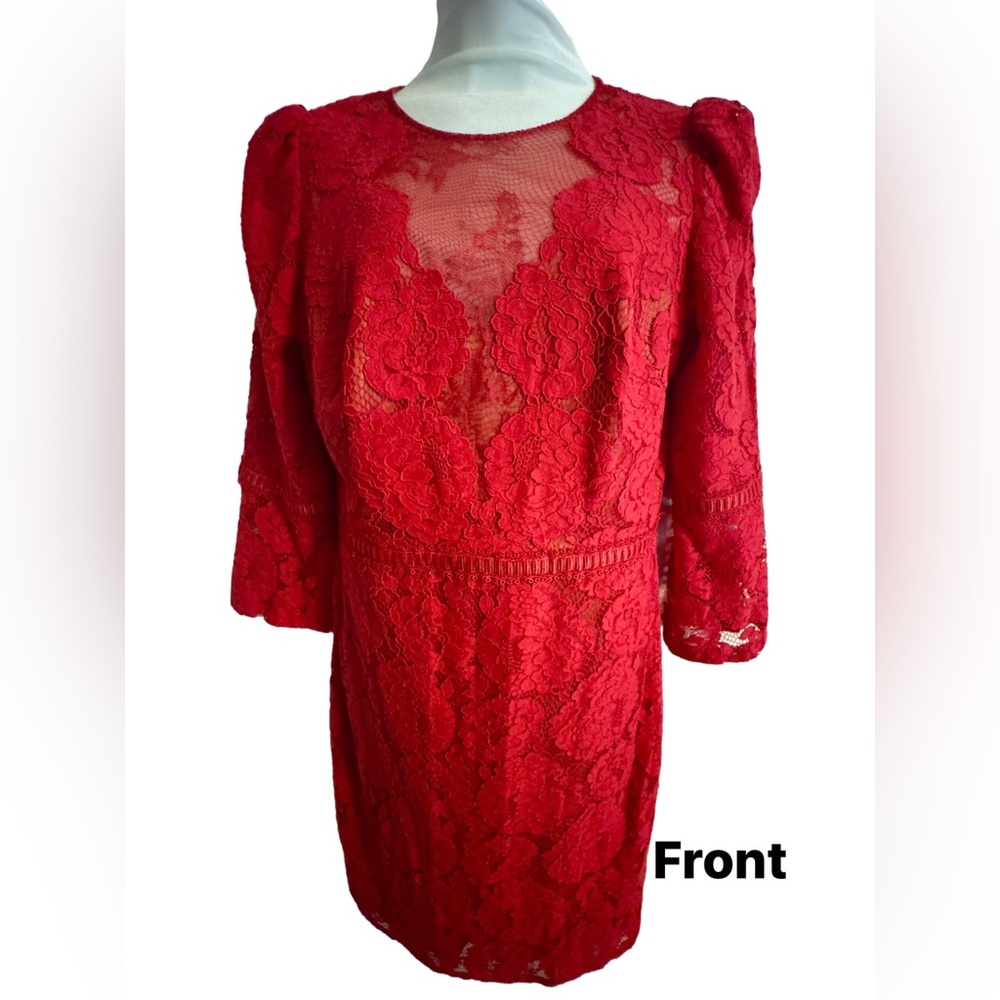 TADASHI SHOJI Lace Sheer Illusion Bell Sleeve Midi Dress in Red 16
